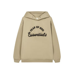 Fog Essentials Warm Neutral‑Tone Tan Loose‑Fit Pullover Hoodie With Chest Embroidery