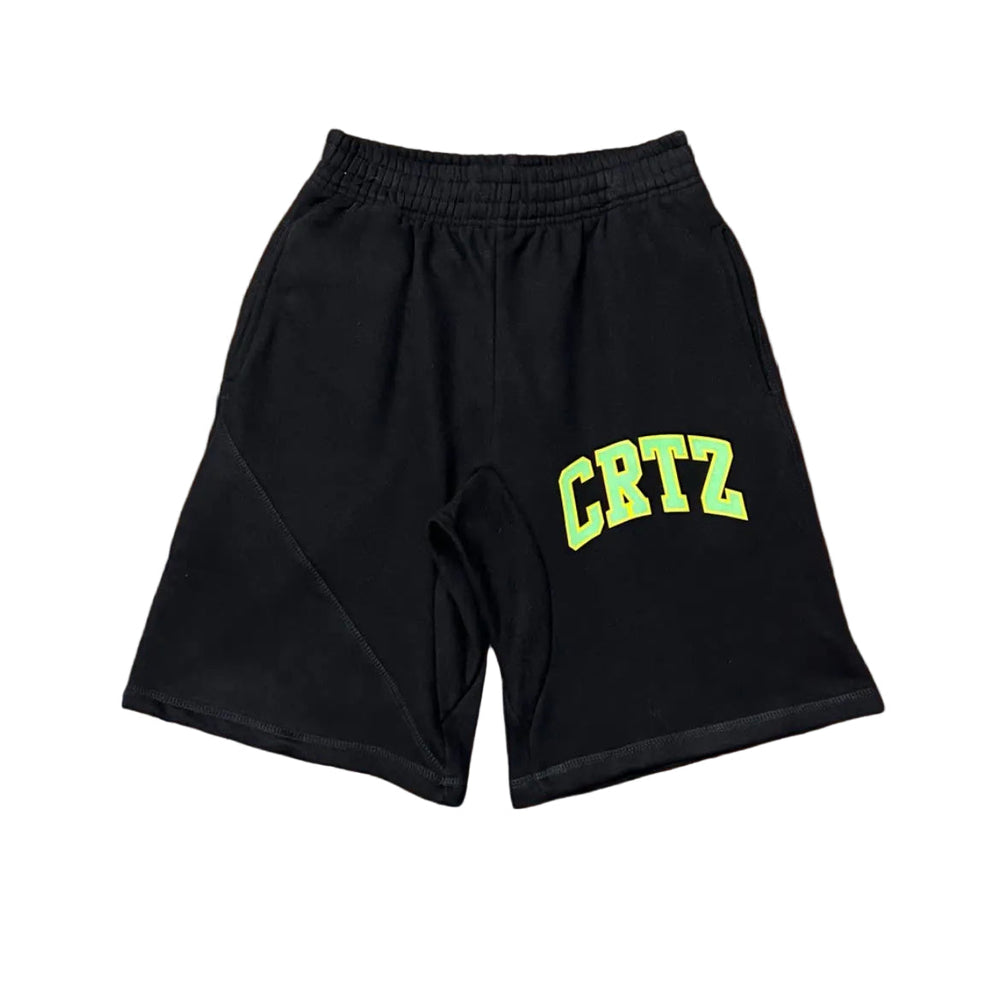 Corteiz “CRTZ” Black Shorts — Neon Graphic Print on Relaxed Streetwear Fit