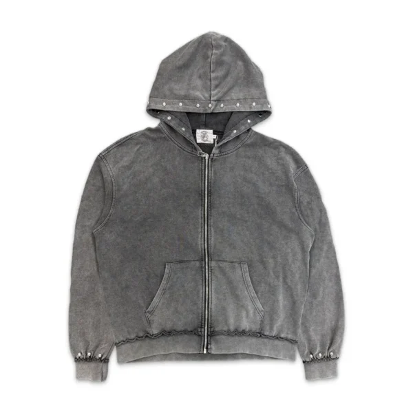 Saint Vanity Vintage Washed Grey Stud Zip Hoodie & Raw Hem Printed Shorts Matching Tracksuit