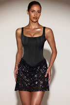 Satin Corset Embellished Skirt Mini Dress in Black Purple