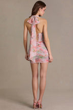 Embellished Draped Mini Dress in Pink Floral Print