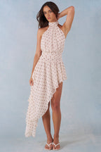 Halterneck Asymmetric Maxi Dress in Ivory Polka Dot Print