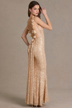 Embellished Open-Back Maxi Dress in Gold
