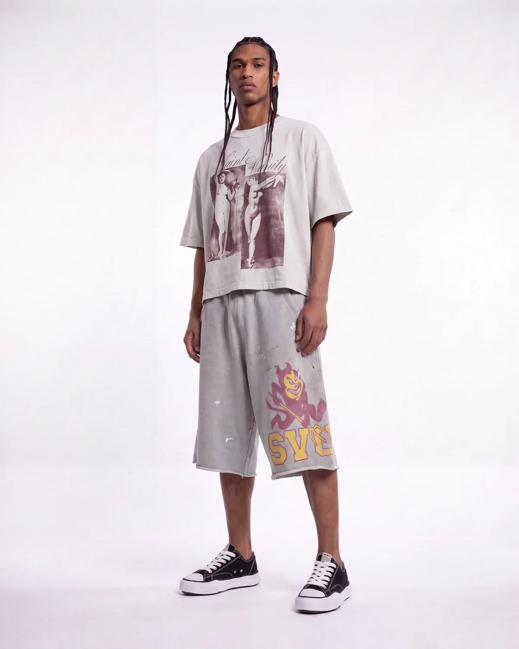 Saint Vanity Burgundy Classical Art Cropped Tee Off‑White