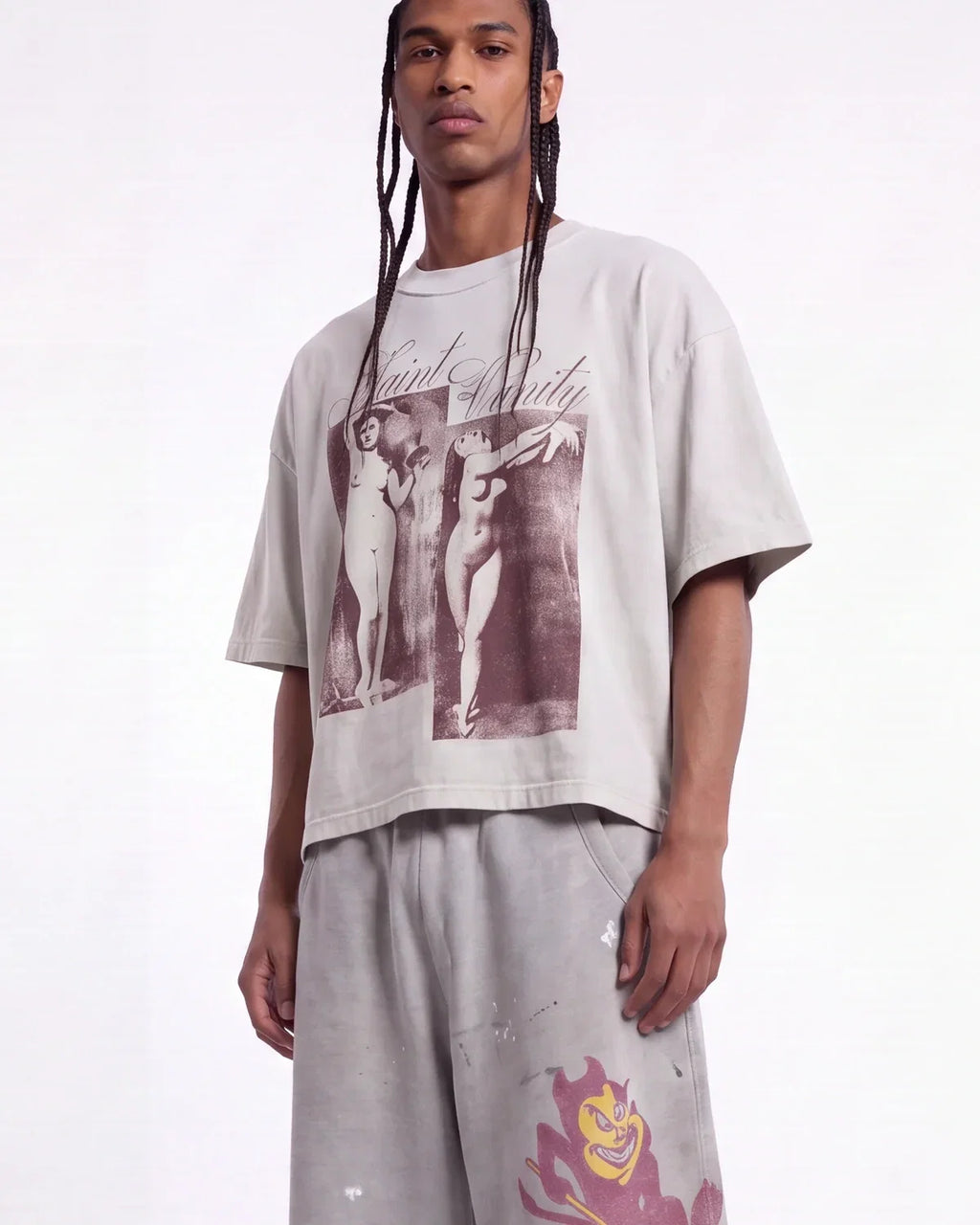 Saint Vanity Burgundy Classical Art Cropped Tee Off‑White