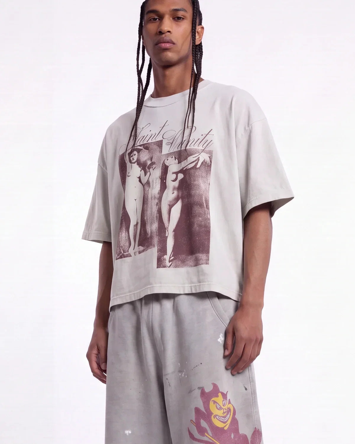 Saint Vanity Burgundy Classical Art Cropped Tee Off‑White