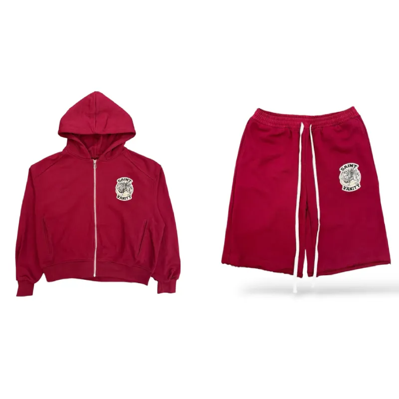 Saint Vanity Vintage Embroidered Burgundy Zip Hoodie & Sweat Shorts Matching Tracksuit Set