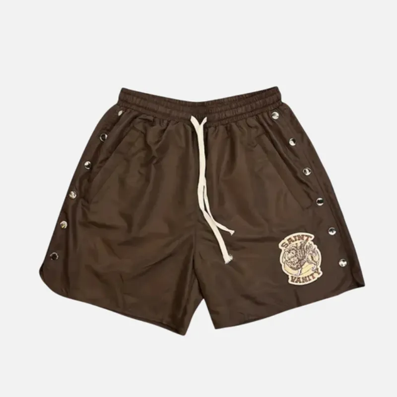 Saint Vanity Vintage Embroidered Brown Short Sleeve Shirt & Side Snap Casual Shorts Matching Set