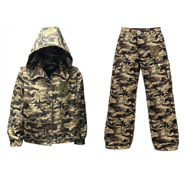 Saint Vanity Vintage Camo Embroidered Hooded Windbreaker & Multi-Pocket Cargo Pants Matching Set