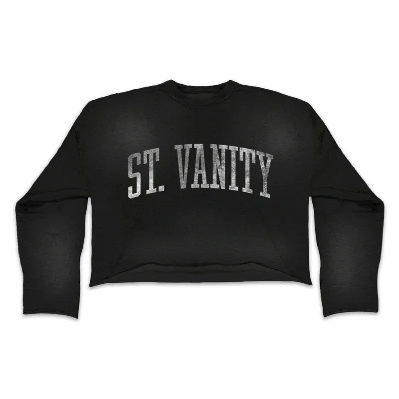 Saint Vanity Retro Varsity Letter Black Cropped Long Sleeve &amp; Baggy Shorts Matching Set