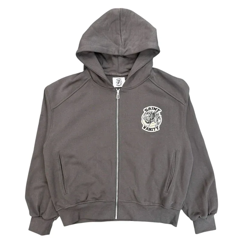 Saint Vanity Retro‑Patch Charcoal Grey Cropped Oversized Zip Hoodie