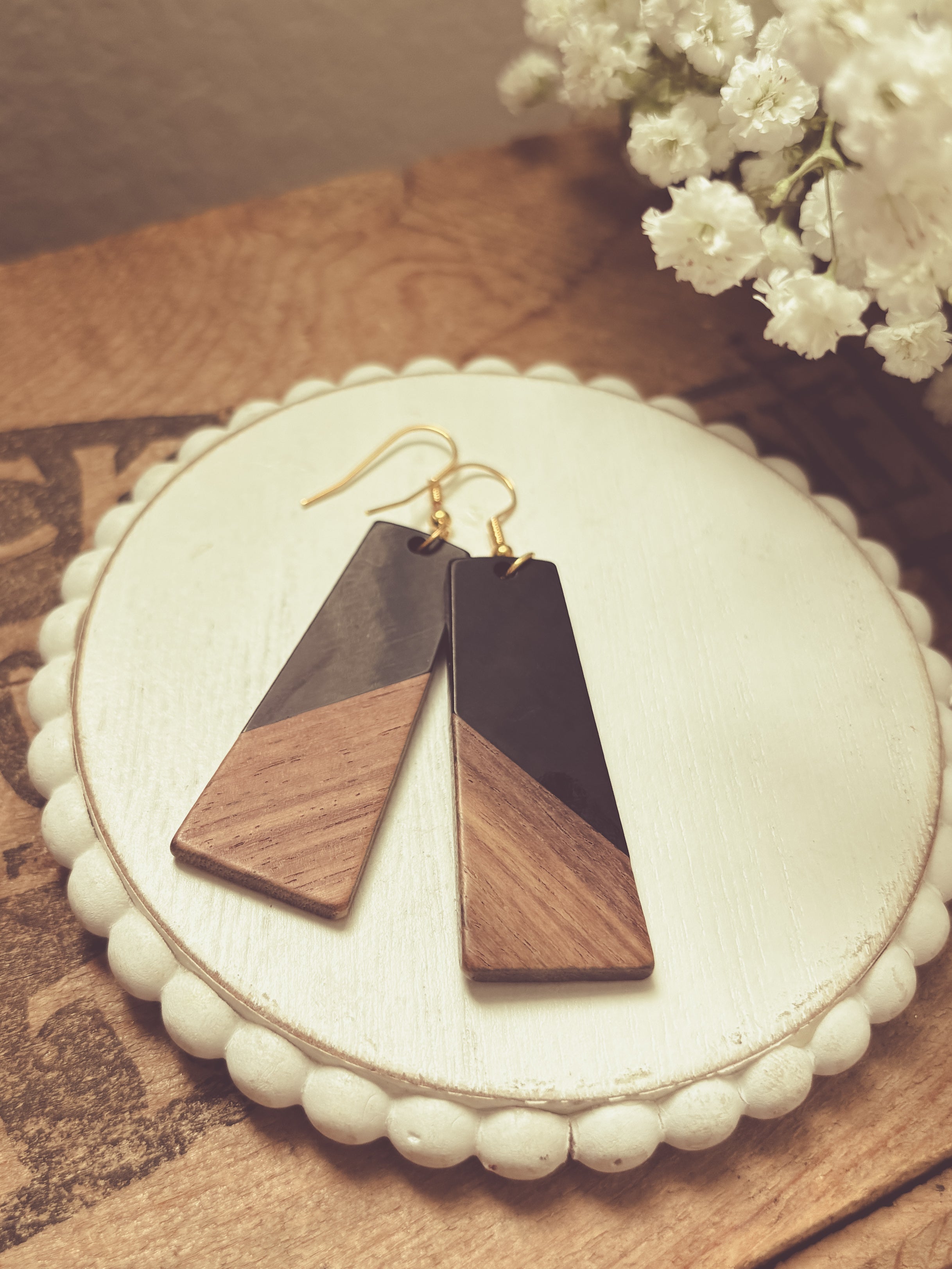 Beautiful Black Resin and Wood Earrings
