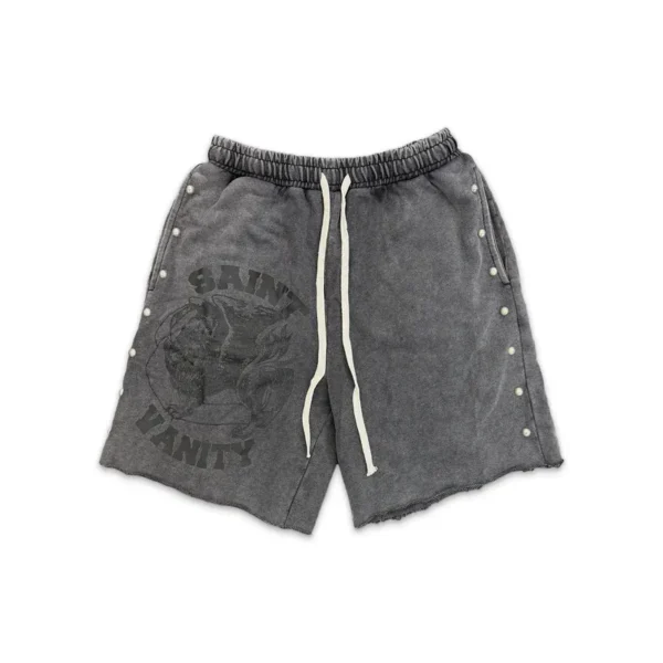 Saint Vanity Vintage Washed Grey Stud Zip Hoodie & Raw Hem Printed Shorts Matching Tracksuit