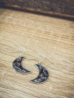 Midnight Moon Crescent Earrings with Pressed Flowers