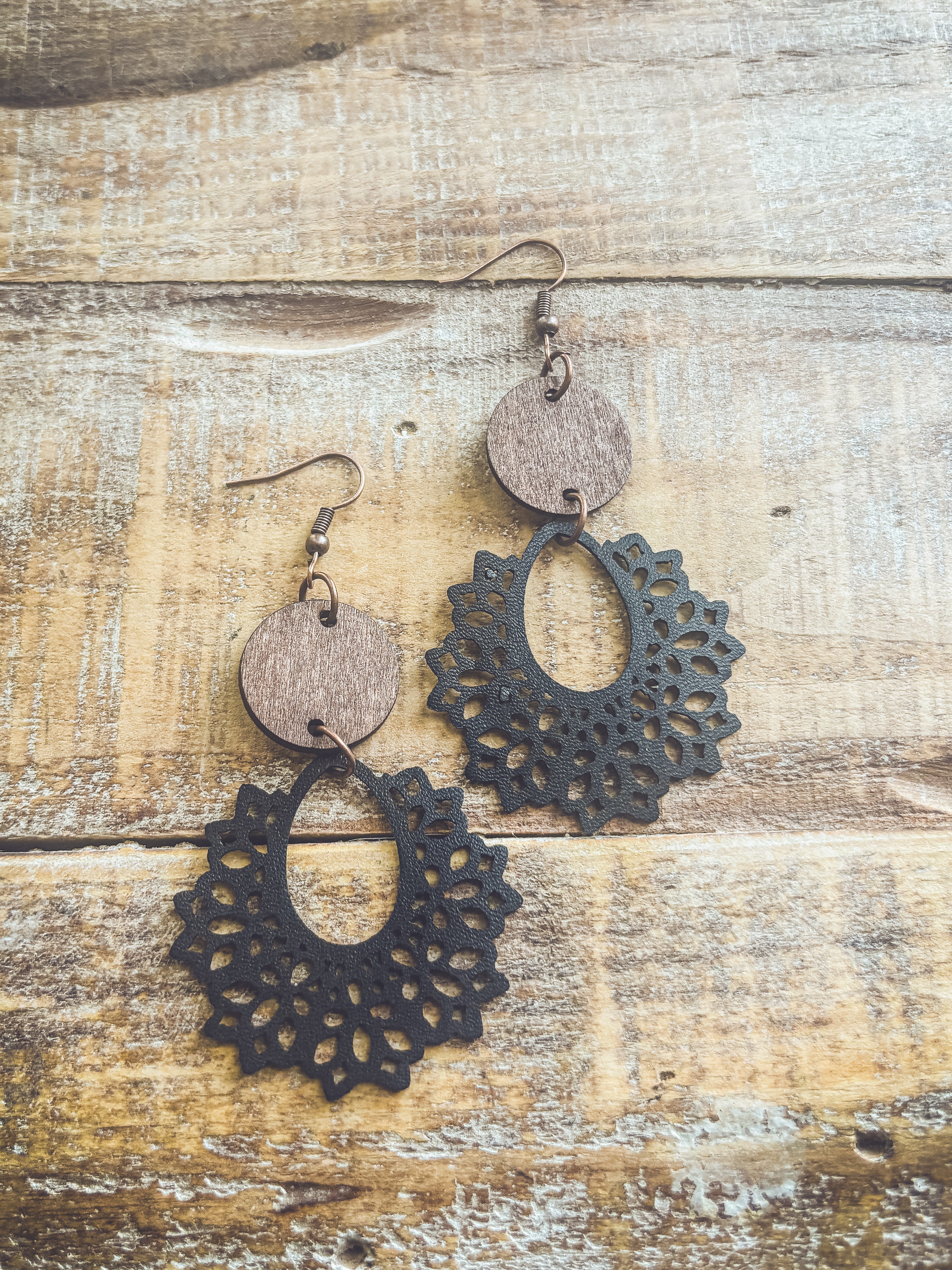 Beautiful Black Leather and Wood Earrings
