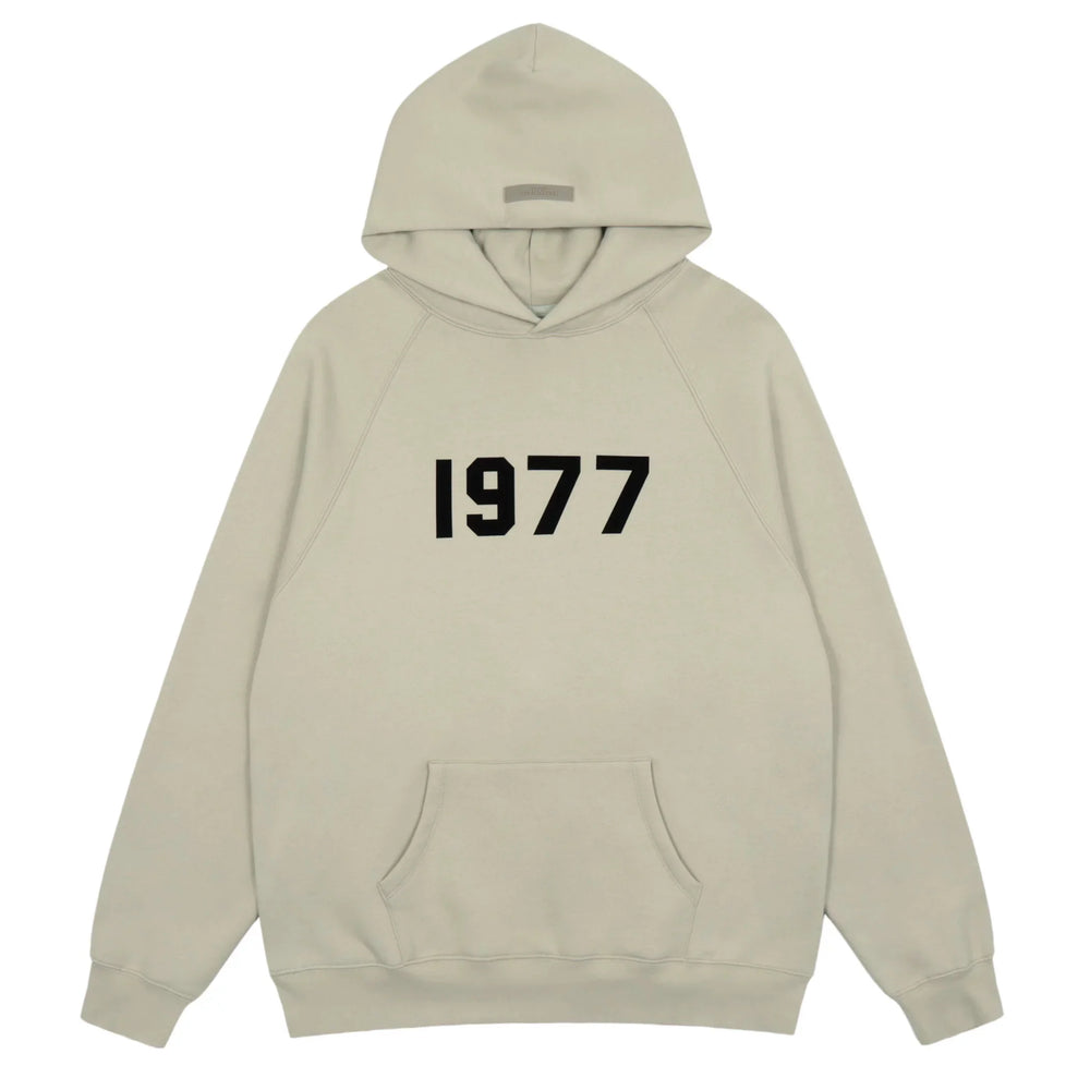 Fog Essentials Light Beige 1977 Bold Black‑Print Loose‑Fit Pullover Hoodie