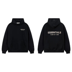 Fog Essentials Black Fleece‑Lined Oversized Pullover Hoodie Chest Logo