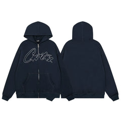 Navy Blue Graphic Zip-Up Hoodie | Premium Streetwear Hoodie with Front Script Logo