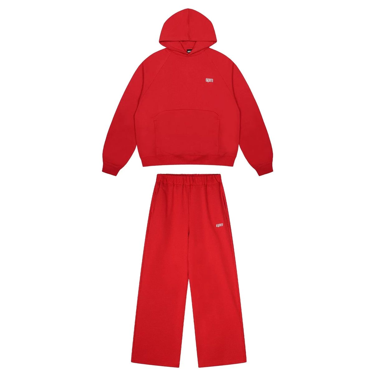 6PM Vibrant Red Small‑Logo Hoodie & Wide‑Leg Sweatpants Matching Set
