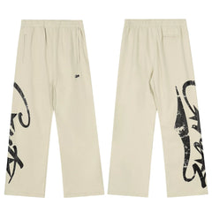 Cream Graphic Straight-Leg Sweatpants | Minimalist Streetwear Pants with Bold Side Print Detail