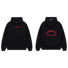 Fog Essentials Black Fleece‑Lined Oversized Pullover Hoodie Arch Red Logo