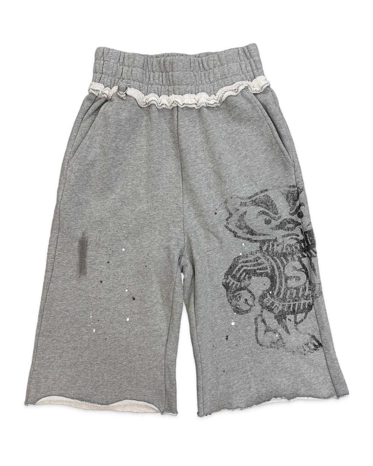 Saint Vanity Waist Raw‑Edge Graffiti Print Sweat Shorts Heather Grey