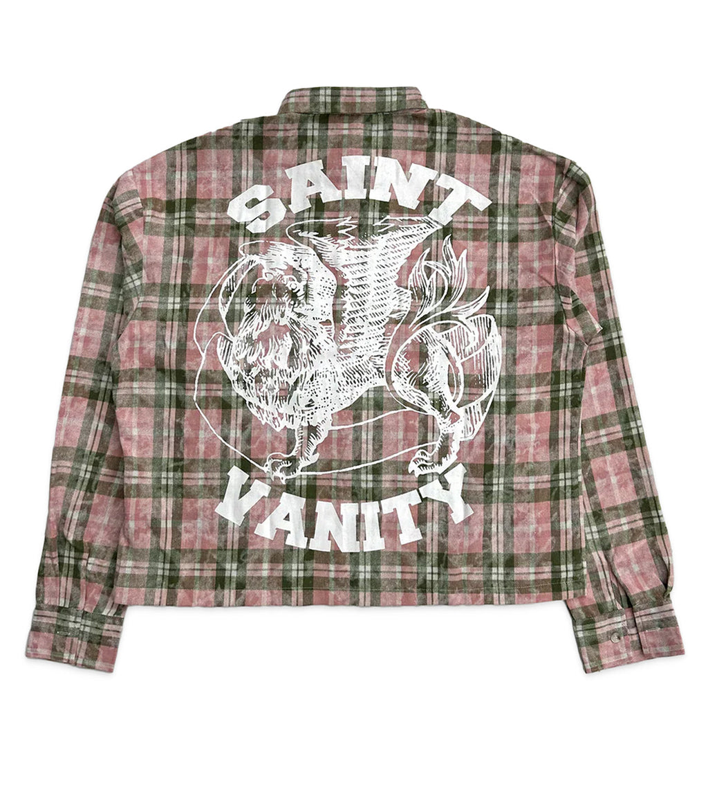 Saint Vanity Cropped Red‑Green Plaid Flannel Shirt Back Graphic Print