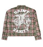 Saint Vanity Cropped Red‑Green Plaid Flannel Shirt Back Graphic Print