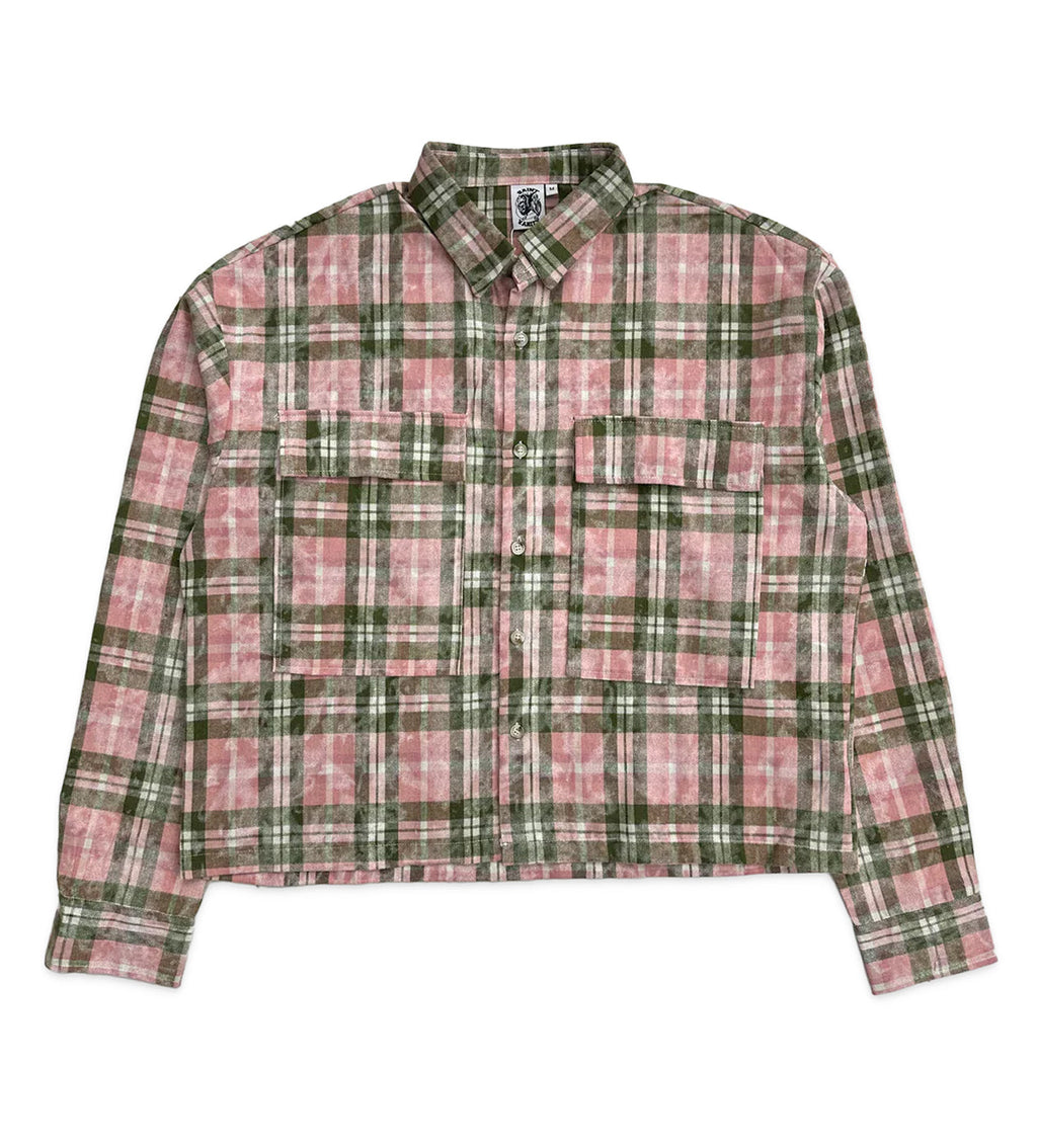 Saint Vanity Cropped Red‑Green Plaid Flannel Shirt Back Graphic Print
