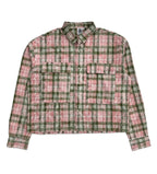 Saint Vanity Cropped Red‑Green Plaid Flannel Shirt Back Graphic Print