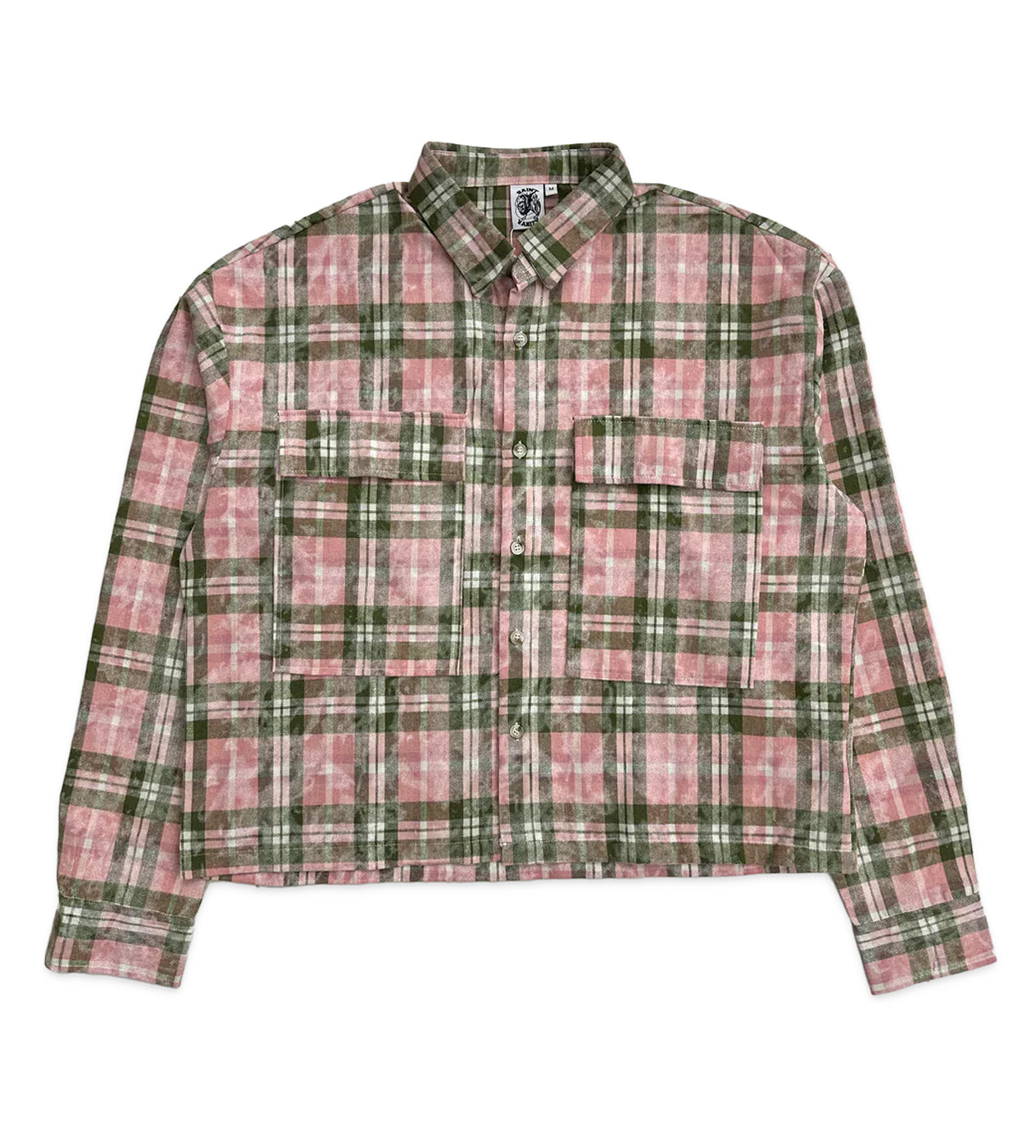 Saint Vanity Cropped Red‑Green Plaid Flannel Shirt Back Graphic Print