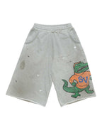 Saint Vanity SV Crocodile Graphic Washed Grey Raw Hem Shorts