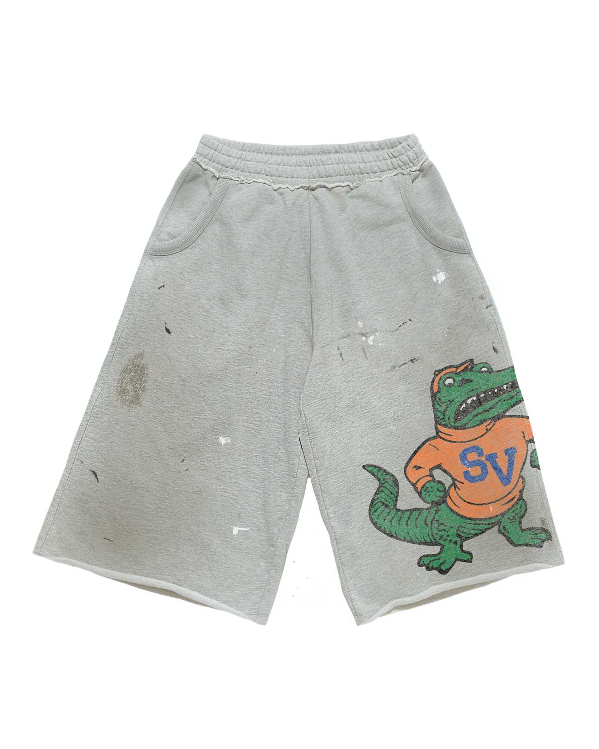 Saint Vanity SV Crocodile Graphic Washed Grey Raw Hem Shorts