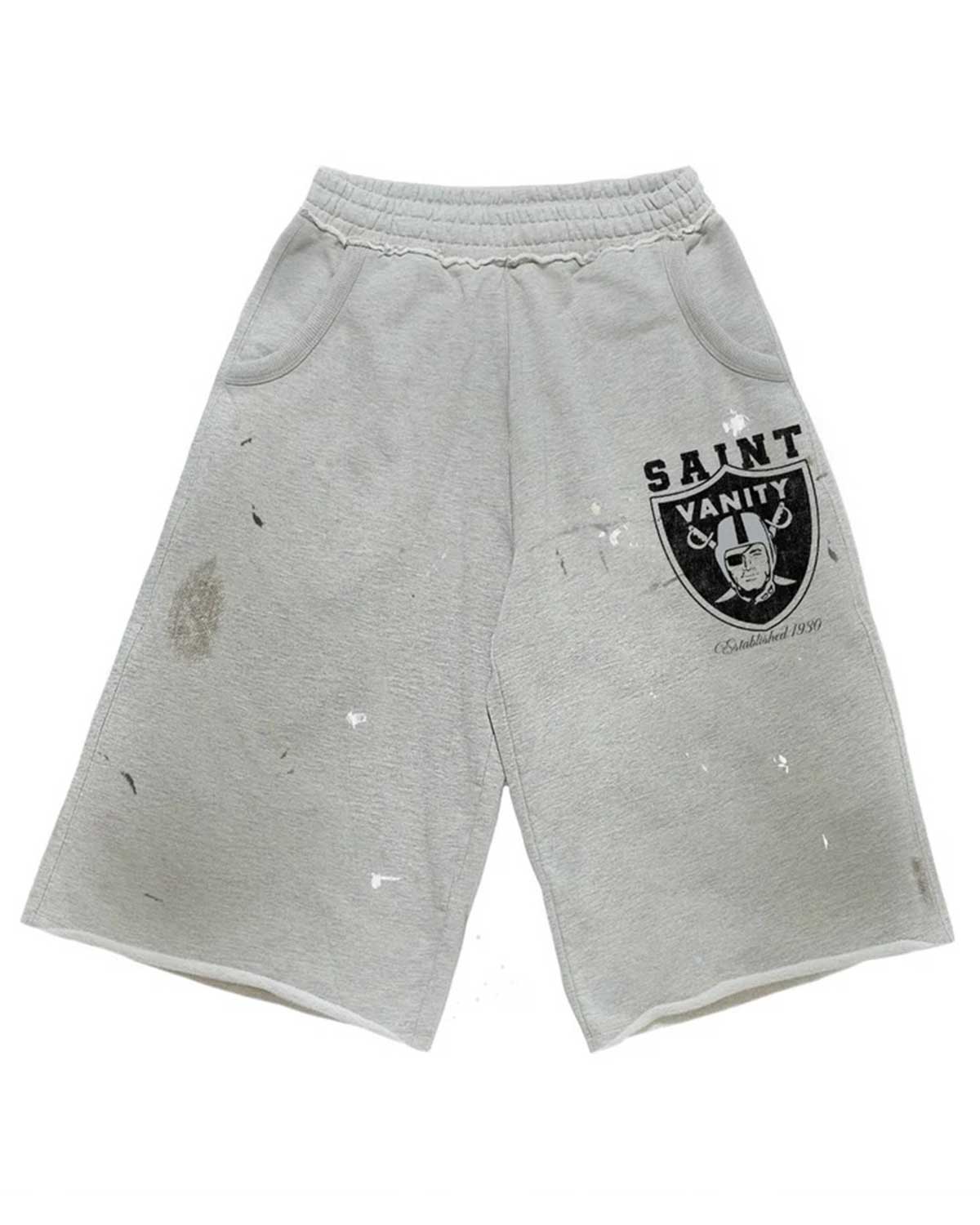 Saint Vanity Shield Logo Splatter Paint Sweat Shorts Heather Grey