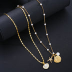 Layered Pearl Seashell Charm Necklace