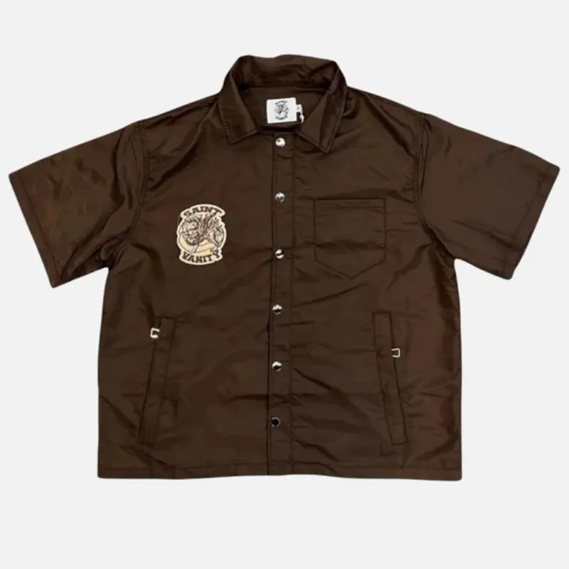 Saint Vanity Vintage Embroidered Brown Short Sleeve Shirt & Side Snap Casual Shorts Matching Set