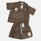 Saint Vanity Vintage Embroidered Brown Short Sleeve Shirt & Side Snap Casual Shorts Matching Set