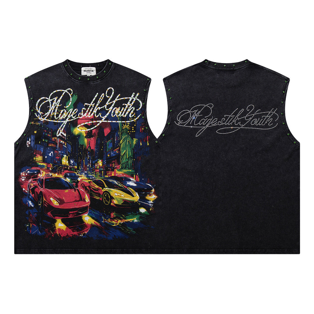 Majestik City Sports Car Graphic Rivet Sleeveless Tank Top