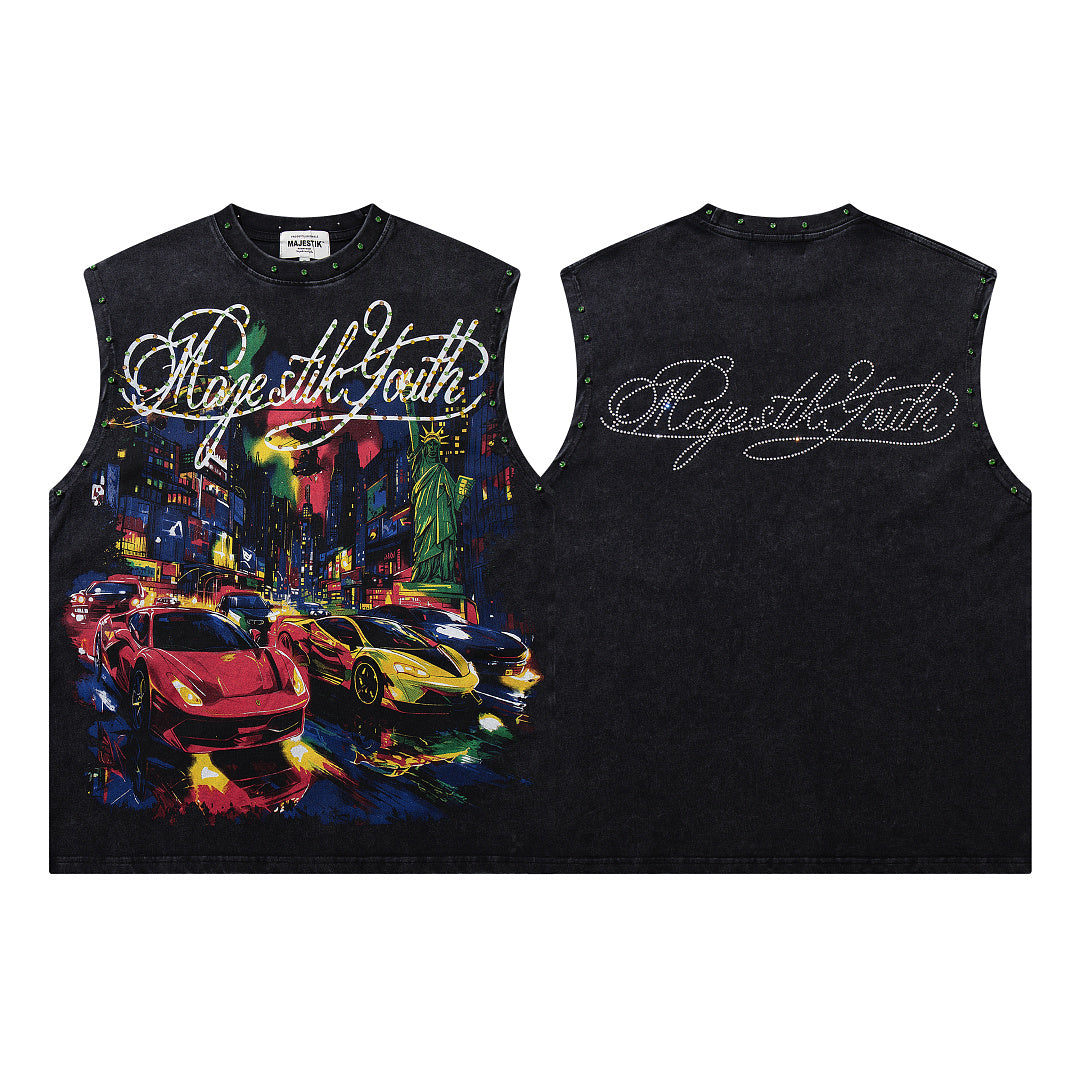 Majestik City Sports Car Graphic Rivet Sleeveless Tank Top