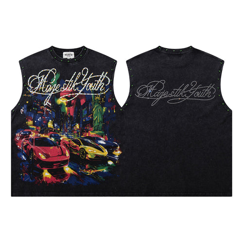 Majestik City Sports Car Graphic Rivet Sleeveless Tank Top