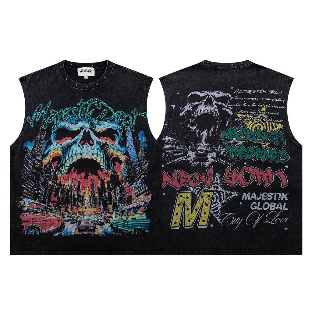 Majestik Skull City Graphic Rivet Sleeveless Tank Top