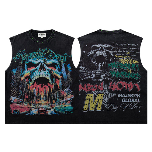 Majestik Skull City Graphic Rivet Sleeveless Tank Top