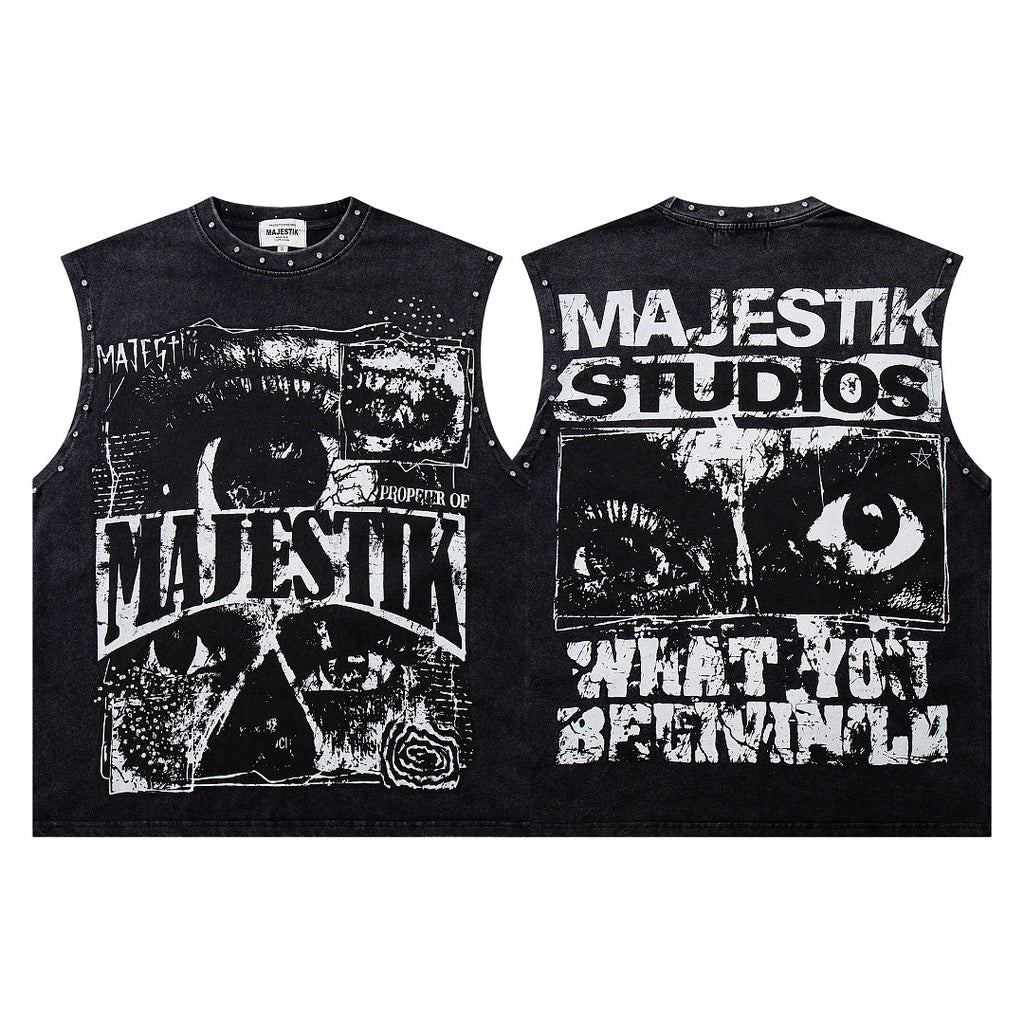 Majestik Vintage Collage Skull Rivet Sleeveless Tank Top