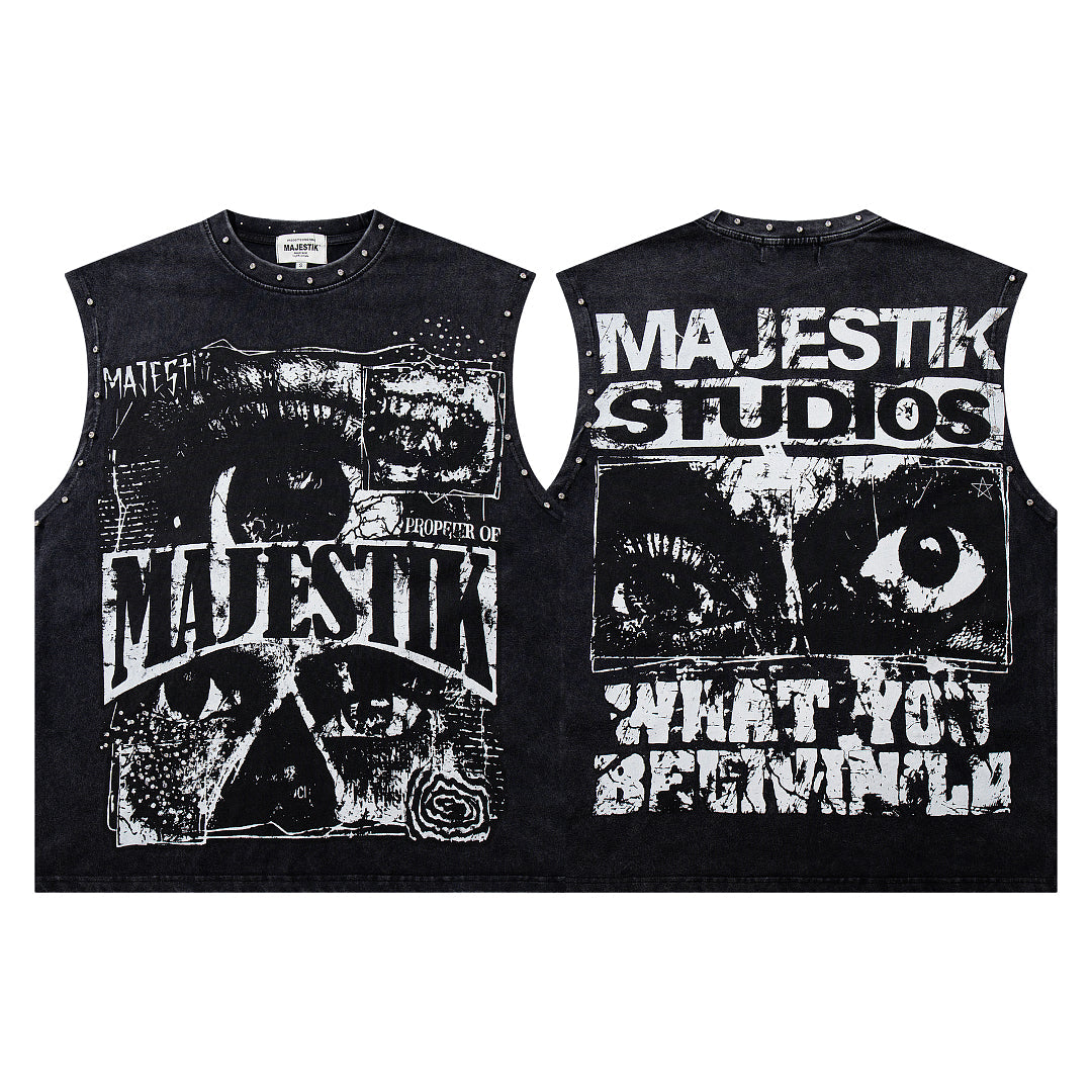 Majestik Vintage Collage Skull Rivet Sleeveless Tank Top