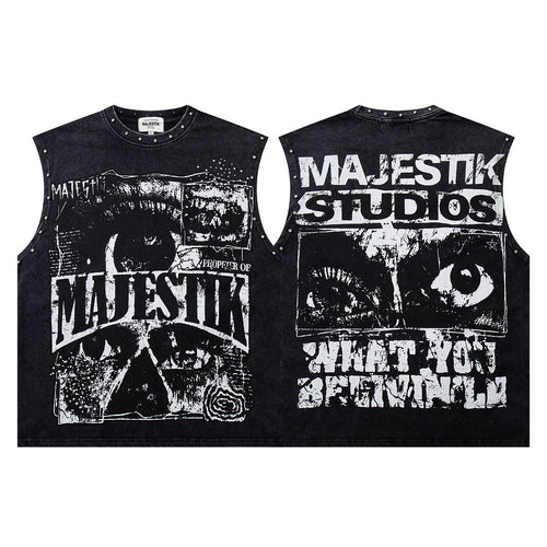 Majestik Vintage Collage Skull Rivet Sleeveless Tank Top