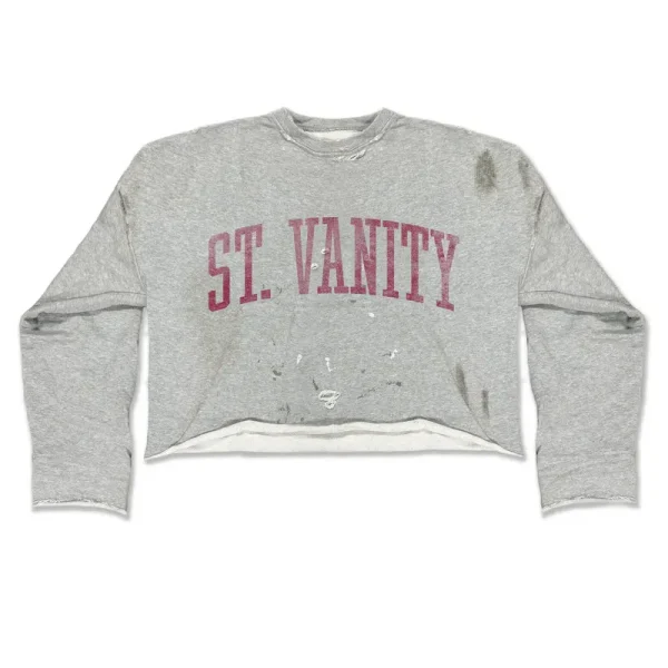 Saint Vanity Distressed ST. VANITY Letter Cropped Long Sleeve Top