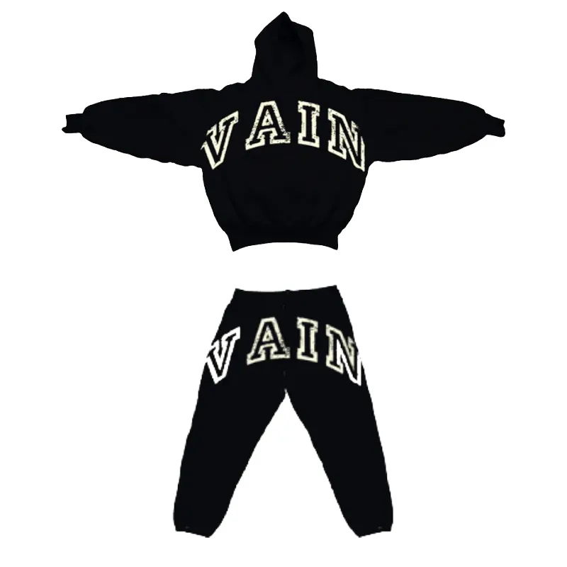 Saint Vanity Retro VAIN Letter Black Cropped Hoodie & Jogger Matching Tracksuit