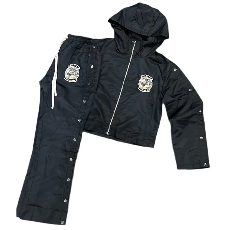 Saint Vanity Vintage Embroidered Black Cropped Hooded Windbreaker & Side Snap Track Pants Matching Set