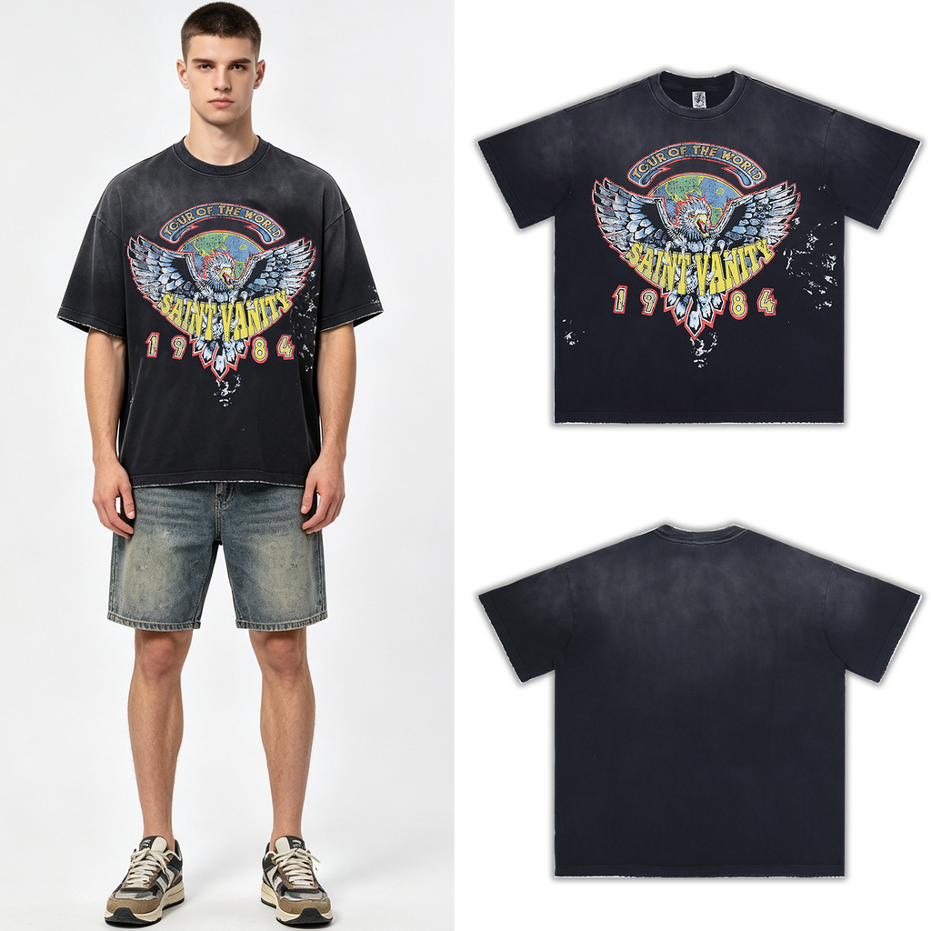 Saint Vanity Tour of the World 1984 Eagle Vintage Cropped Tee - Washed Black