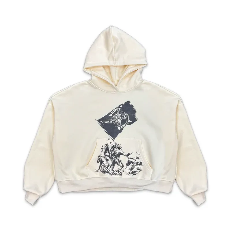 Saint Vanity Retro War‑Scene Cream Cropped Oversized Hoodie